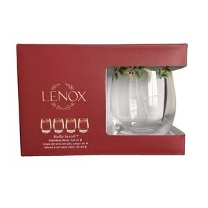 Lenox Holly Scroll Christmas Holiday Stemless Wine Glasses Set of 4 NEW